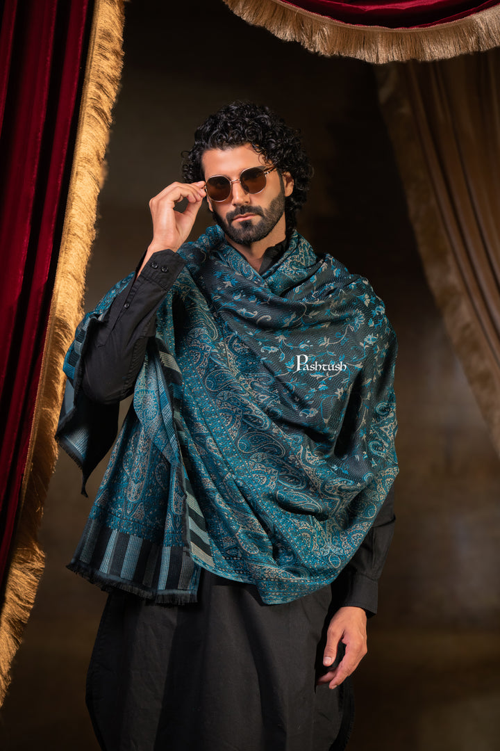 Pashtush Mens Faux Pashmina Stole, Paisley Weave Design, Blue