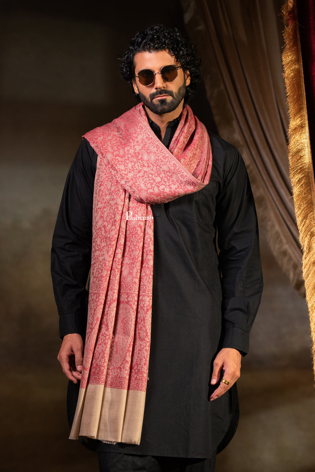 Pashtush Mens Extra Fine Wool Shawl, Paisley Weave Design, Maroon