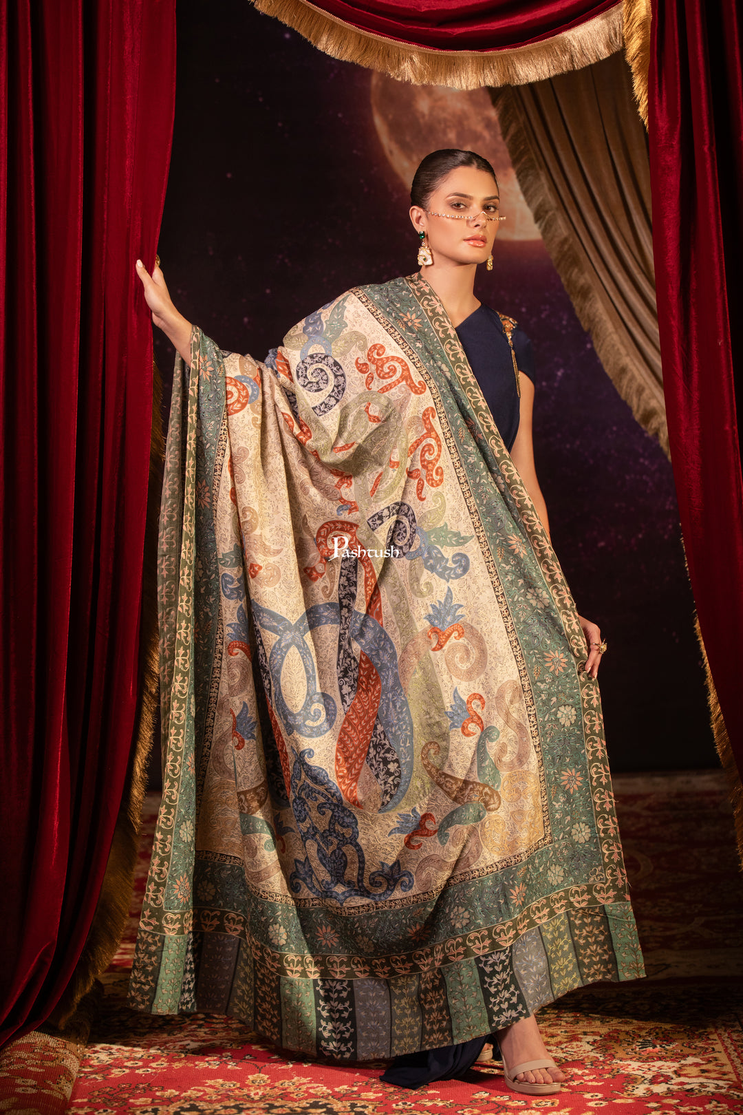 Pashtush Womens Shawl, Kalamkari Design, Multicolour