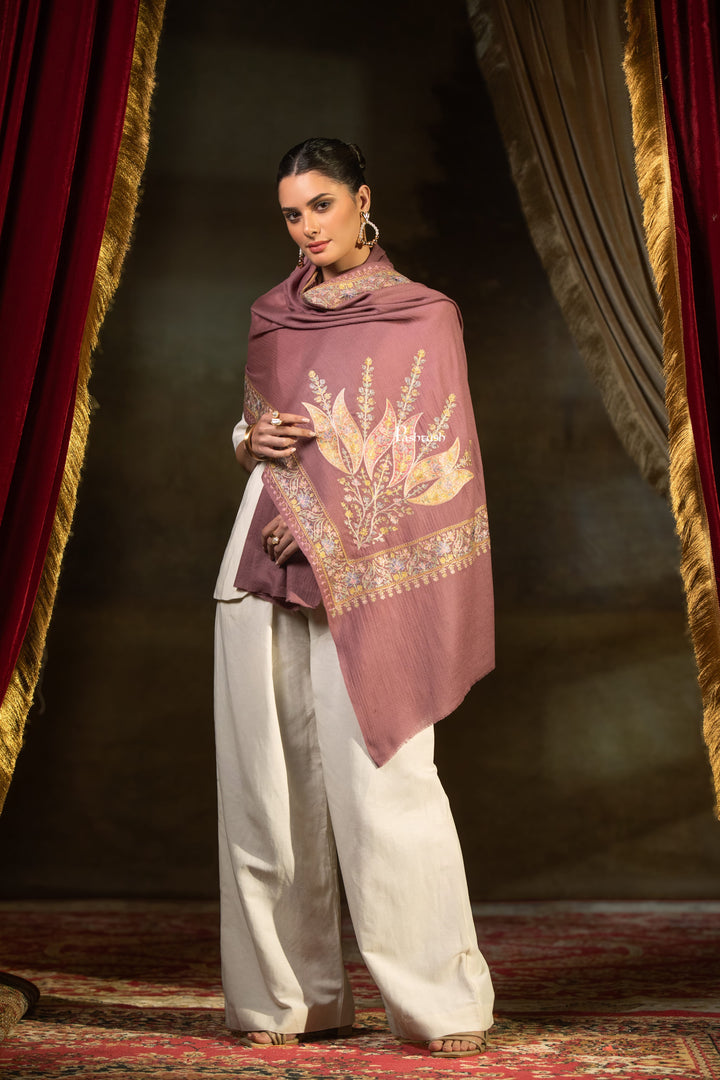 Pashtush Womens Extra Fine Wool Stole, Floral Embroidery Design, Pink