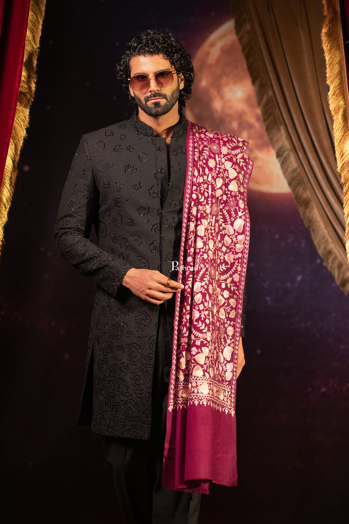 Pashtush Mens Extra Fine Wool Stole, Floral Design, Dark Pink