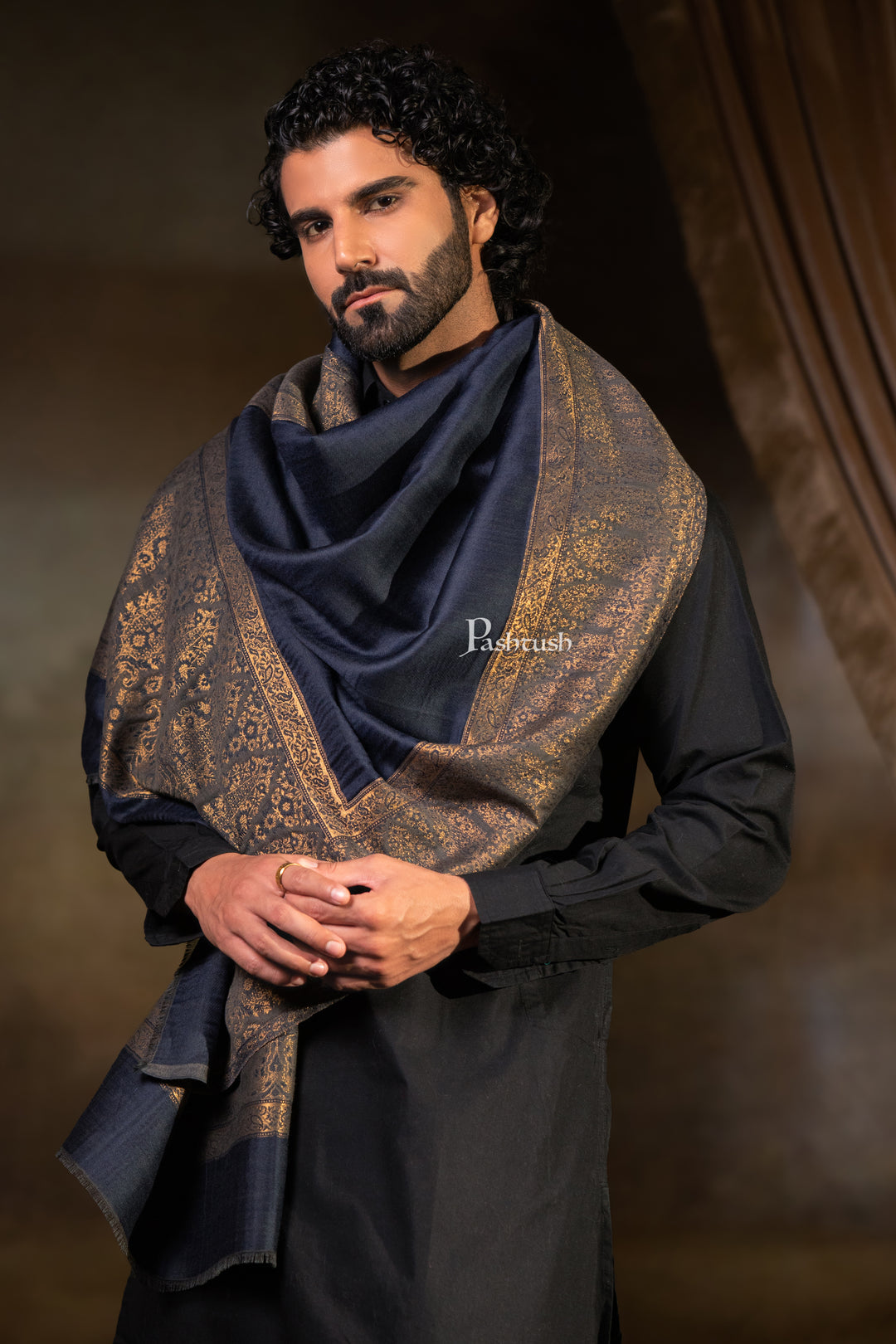 Pashtush Mens Twilight Stole, Zari Design, Navy Blue