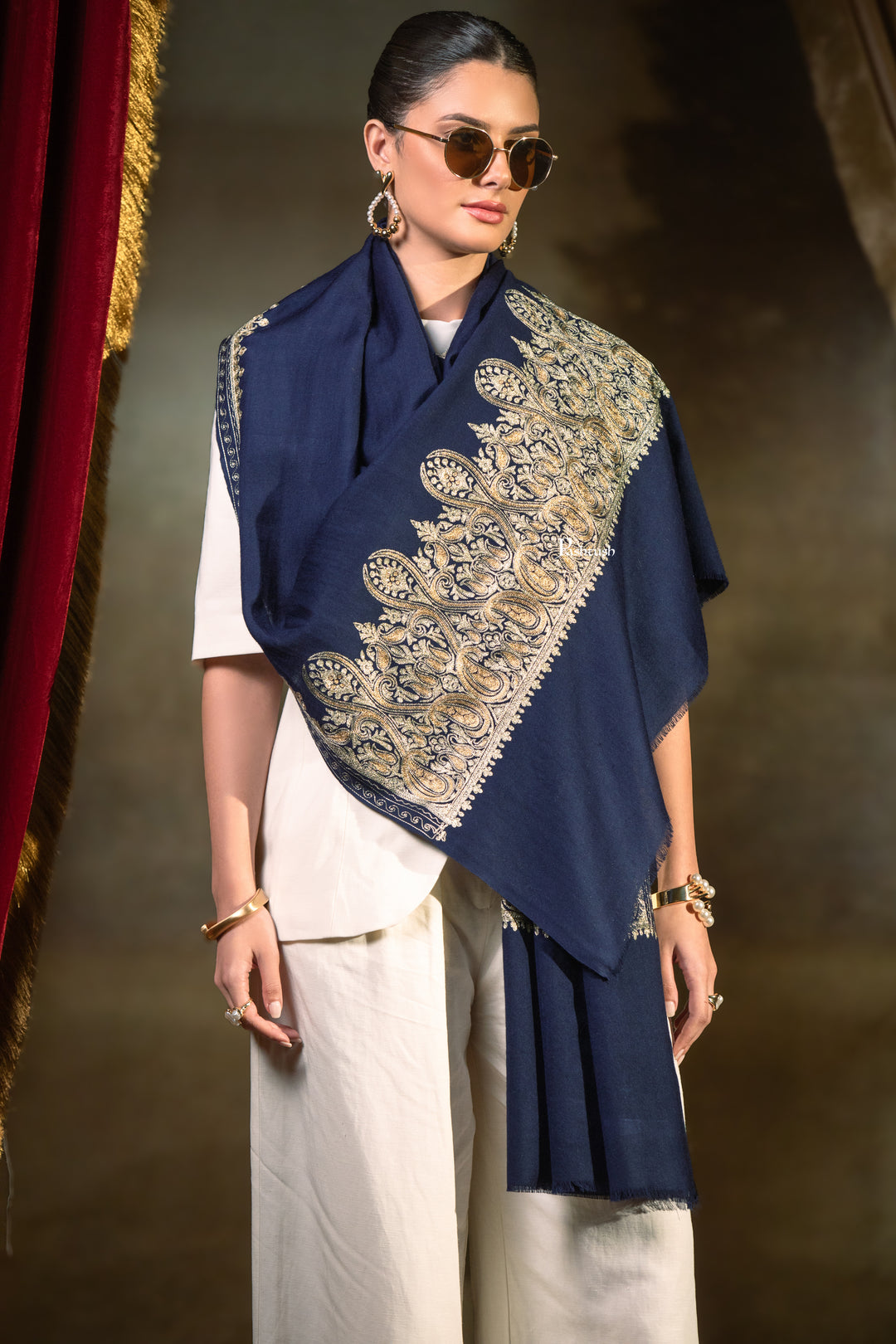 Pashtush Womens Extra Fine Wool Stole, Tilla Embroidery Work, Navy Blue