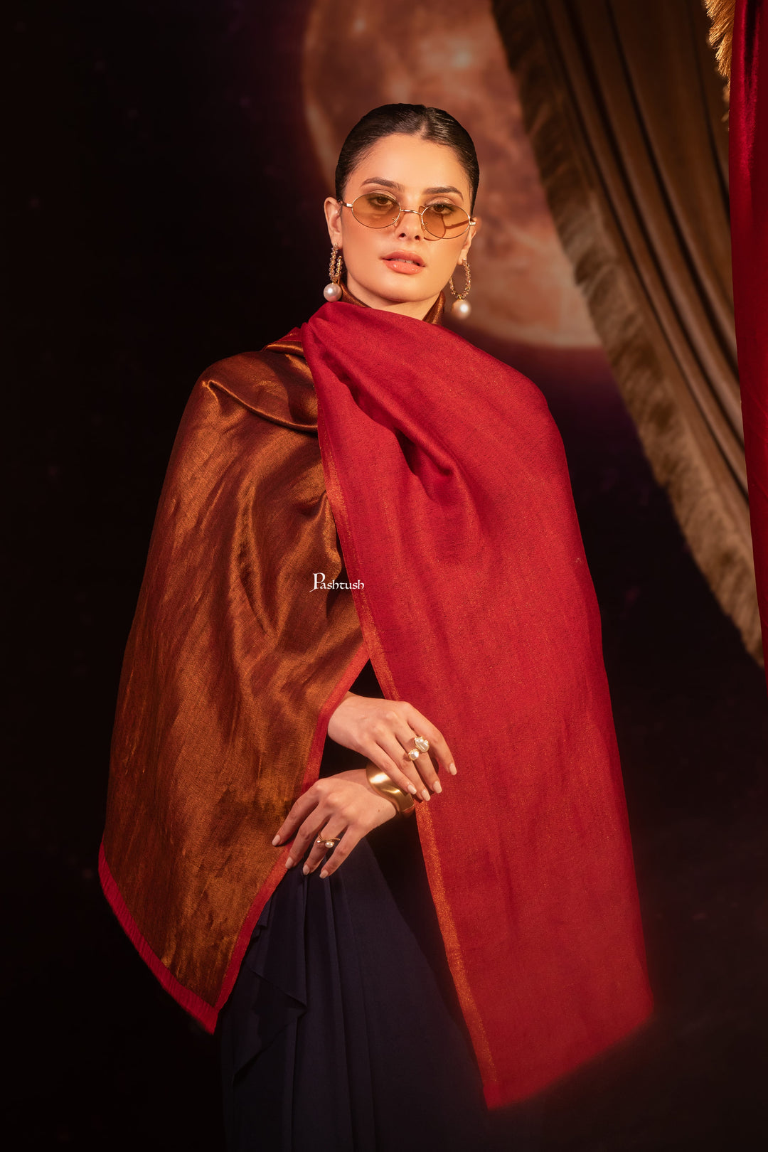 Pashtush Womens Extra Fine Wool Stole, Twilight Design, Maroon