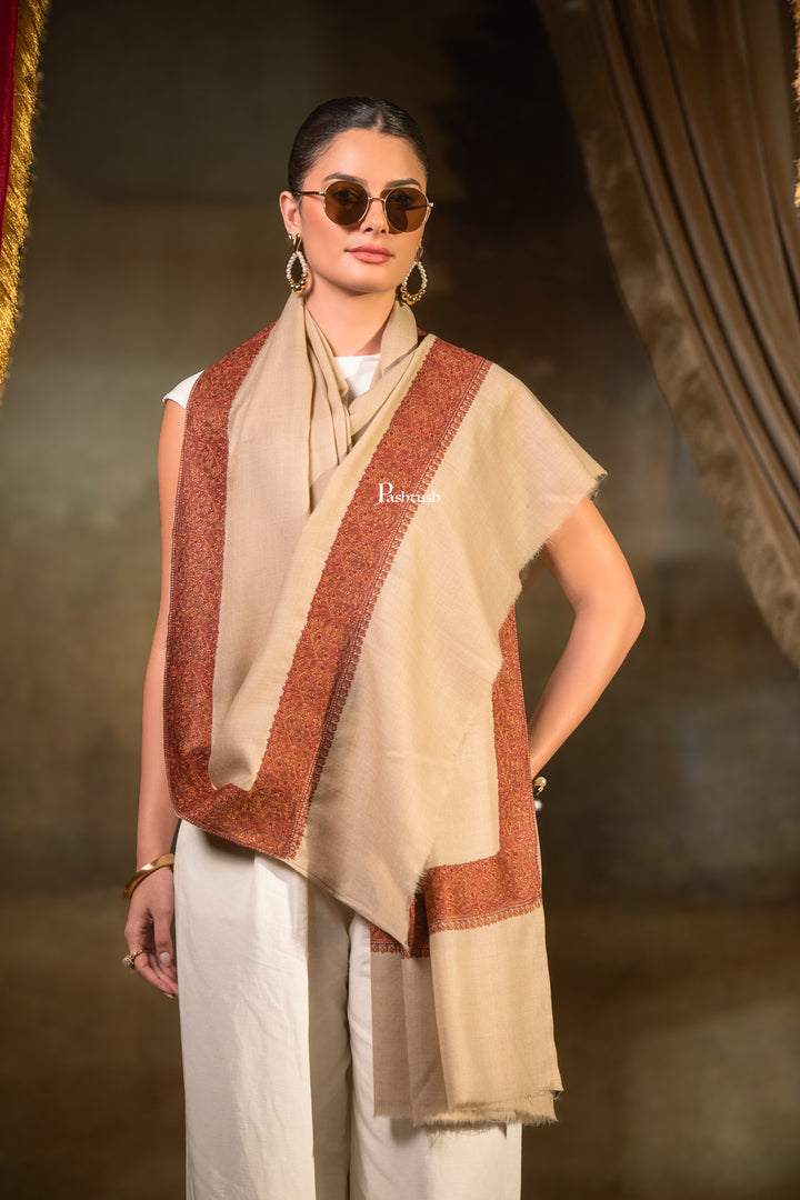 Pashtush Womens Extra Fine Wool Shawl, Double Daur Design, Beige