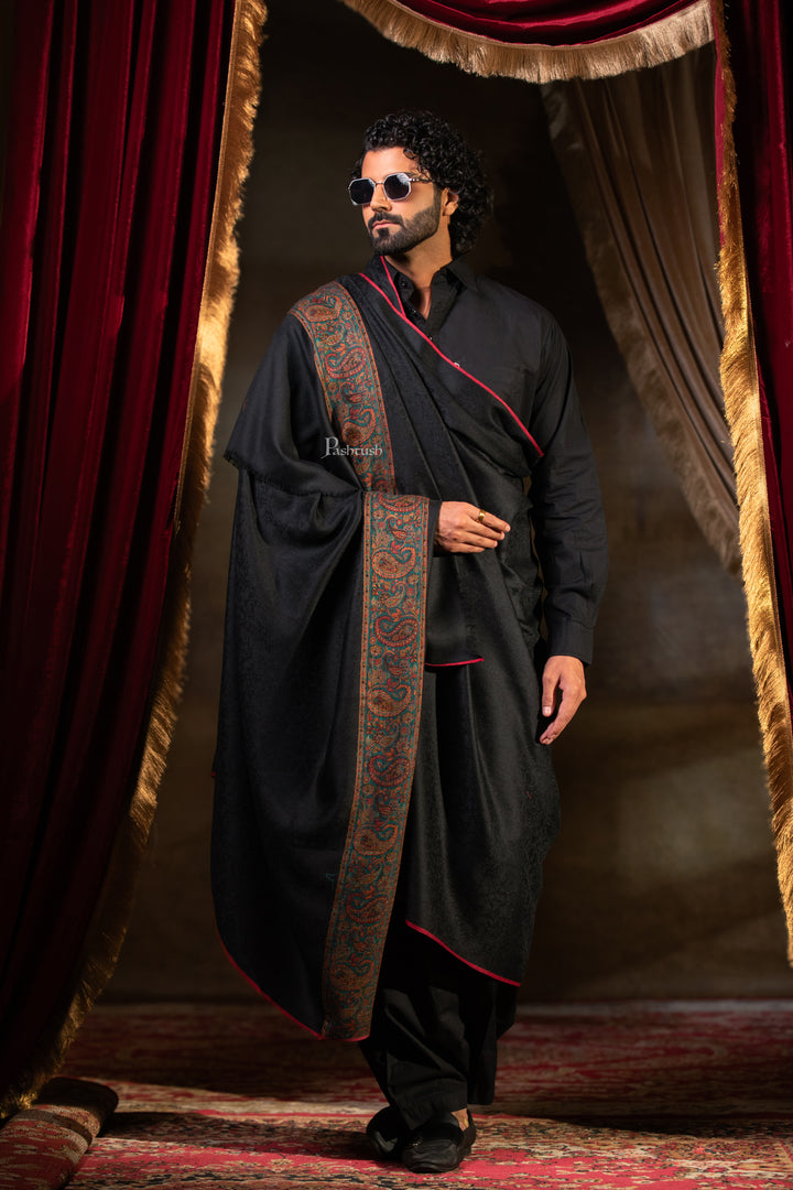 Pashtush Mens Extra Fine Wool Shawl, Ambi Border Design, Black