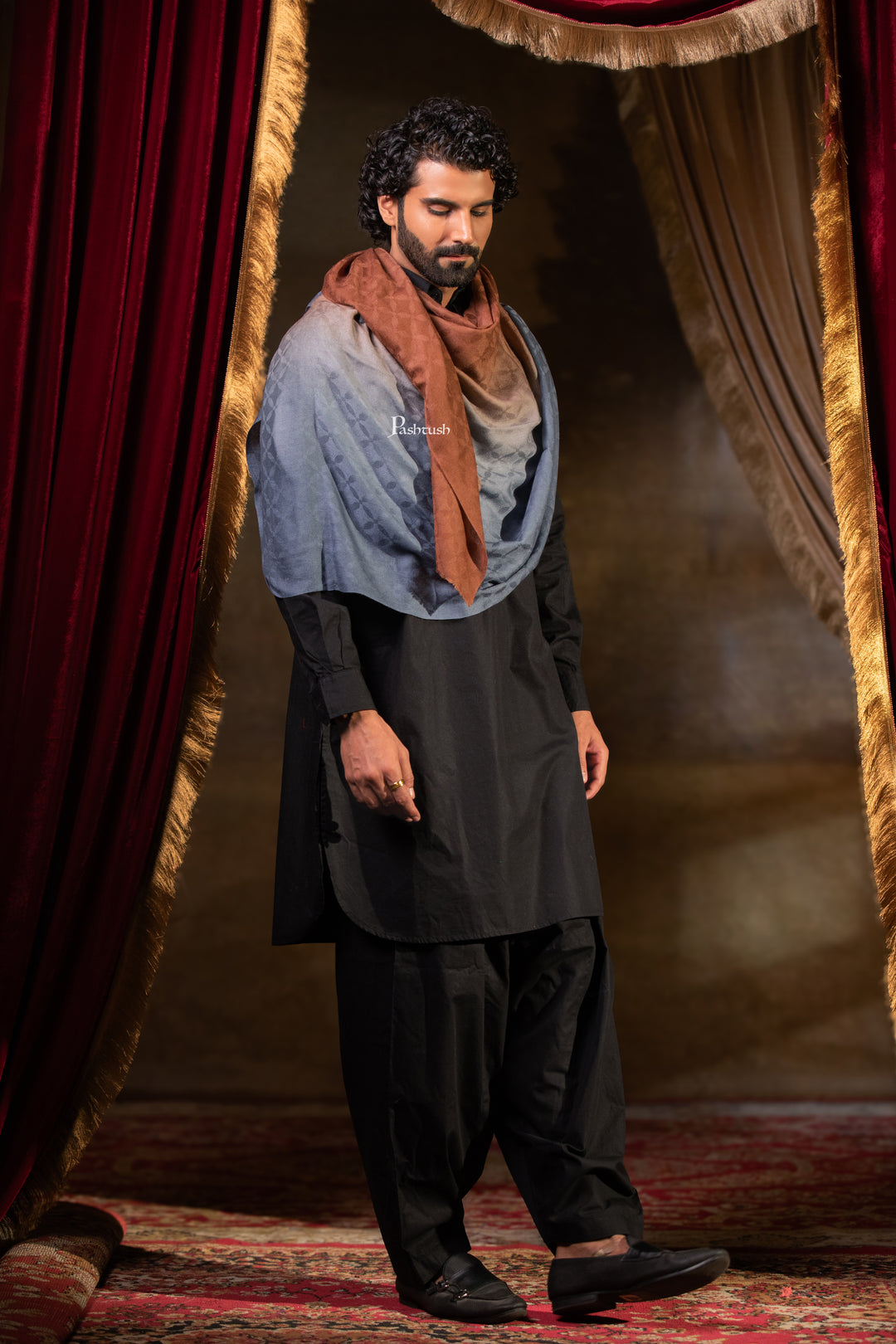 Pashtush Mens Cashmere Stole, Ombre Weave Design, Orange and Grey