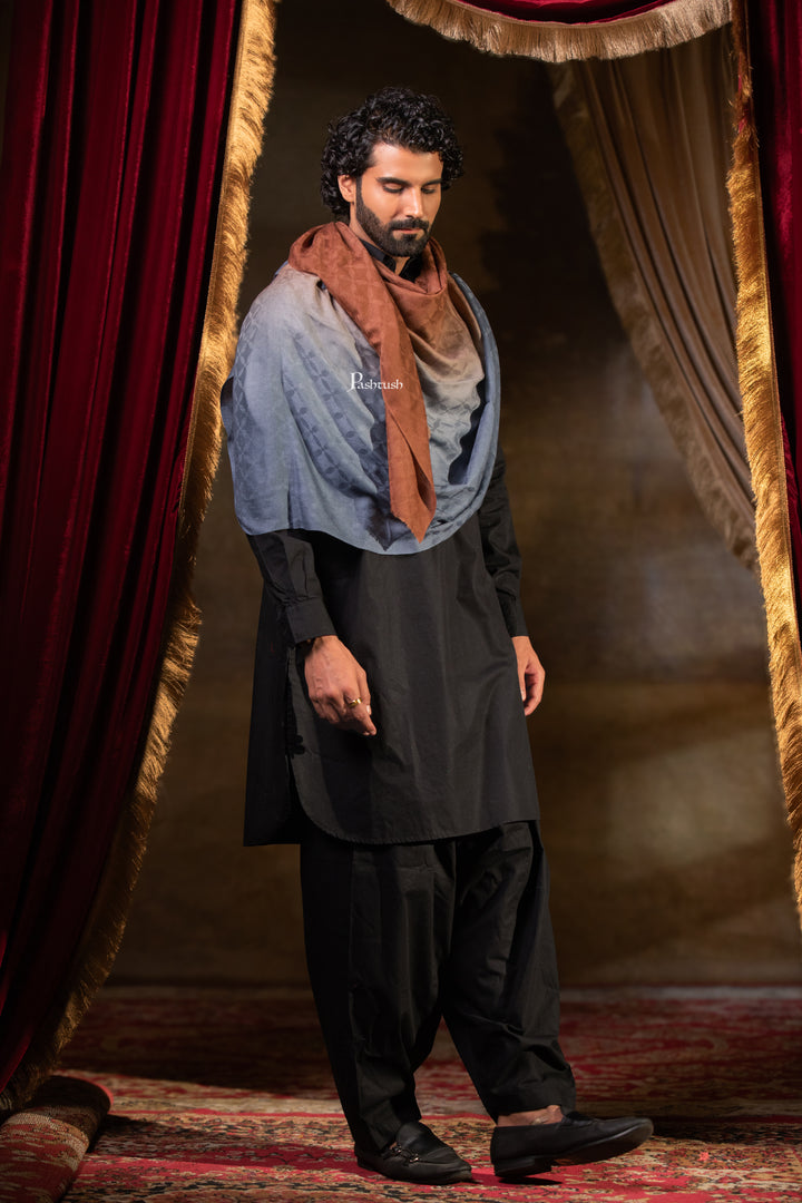 Pashtush Mens Cashmere Stole, Ombre Weave Design, Orange and Grey