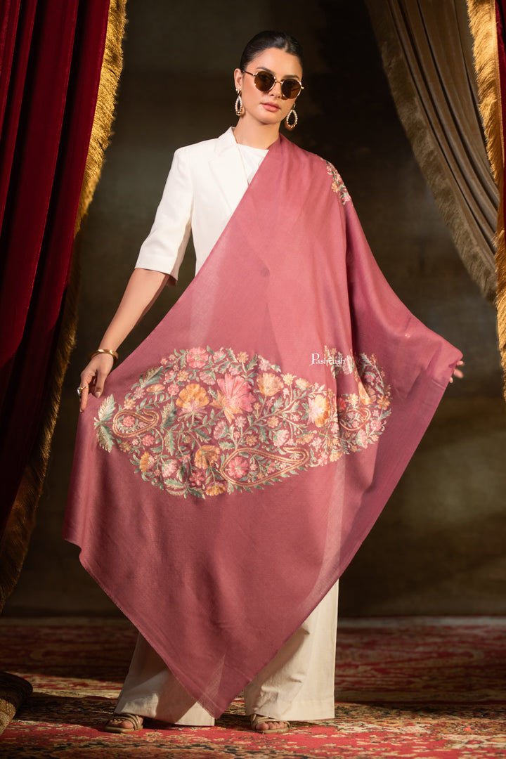 Pashtush Womens Extra Fine Wool Stole, Floral Embroidery Design, Pink