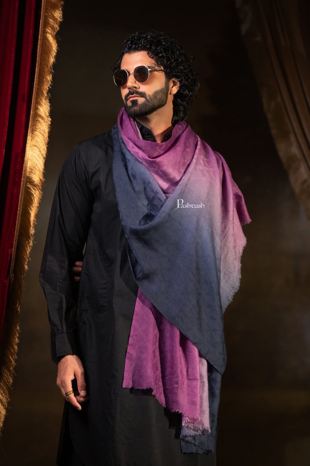 Pashtush Mens Cashmere Stole, Ombre Weave Design, Pink and Navy Blue