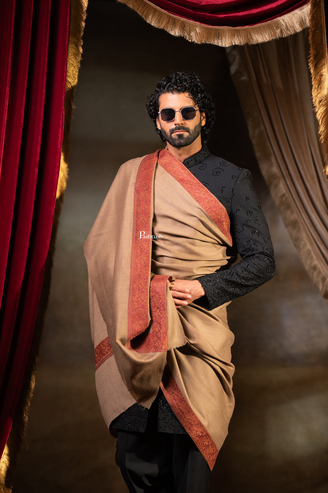 Pashtush Mens Fine Wool Shawl, Border Design with Tilla Embroidery, Taupe