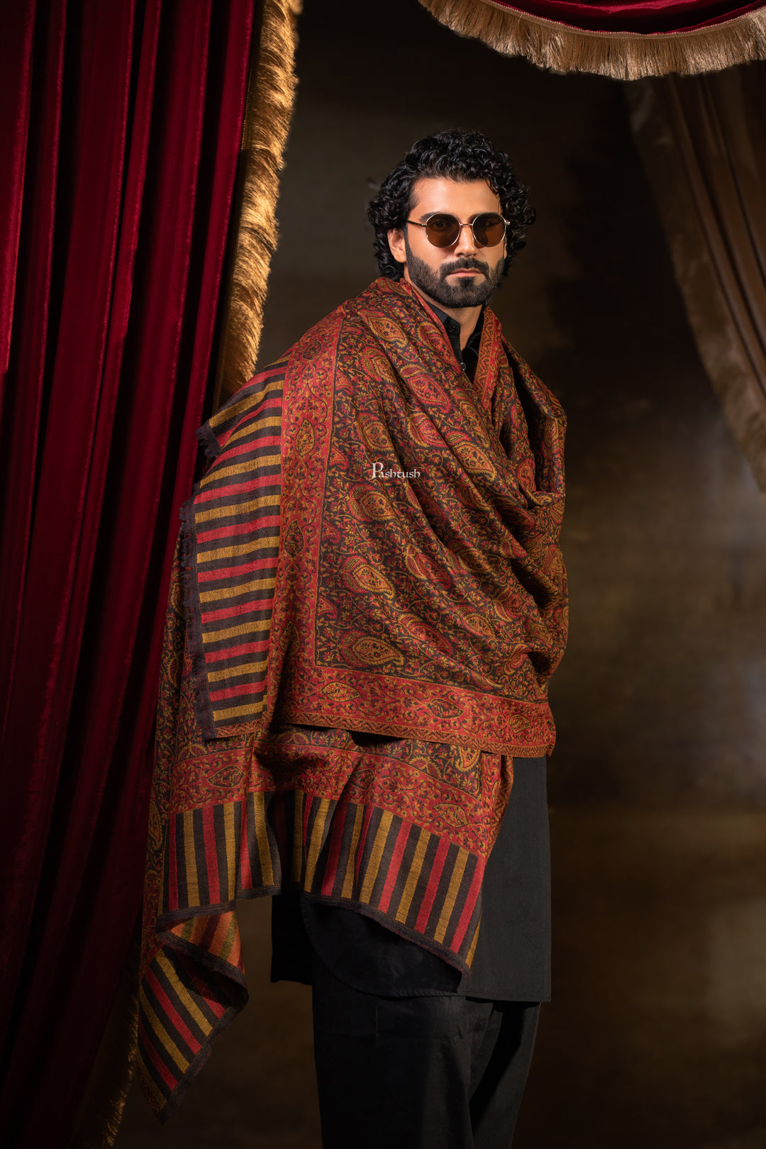 Pashtush Mens 100% Pure Wool With Woolmark Certificate Shawl, Paisley Design, Espresso Brown