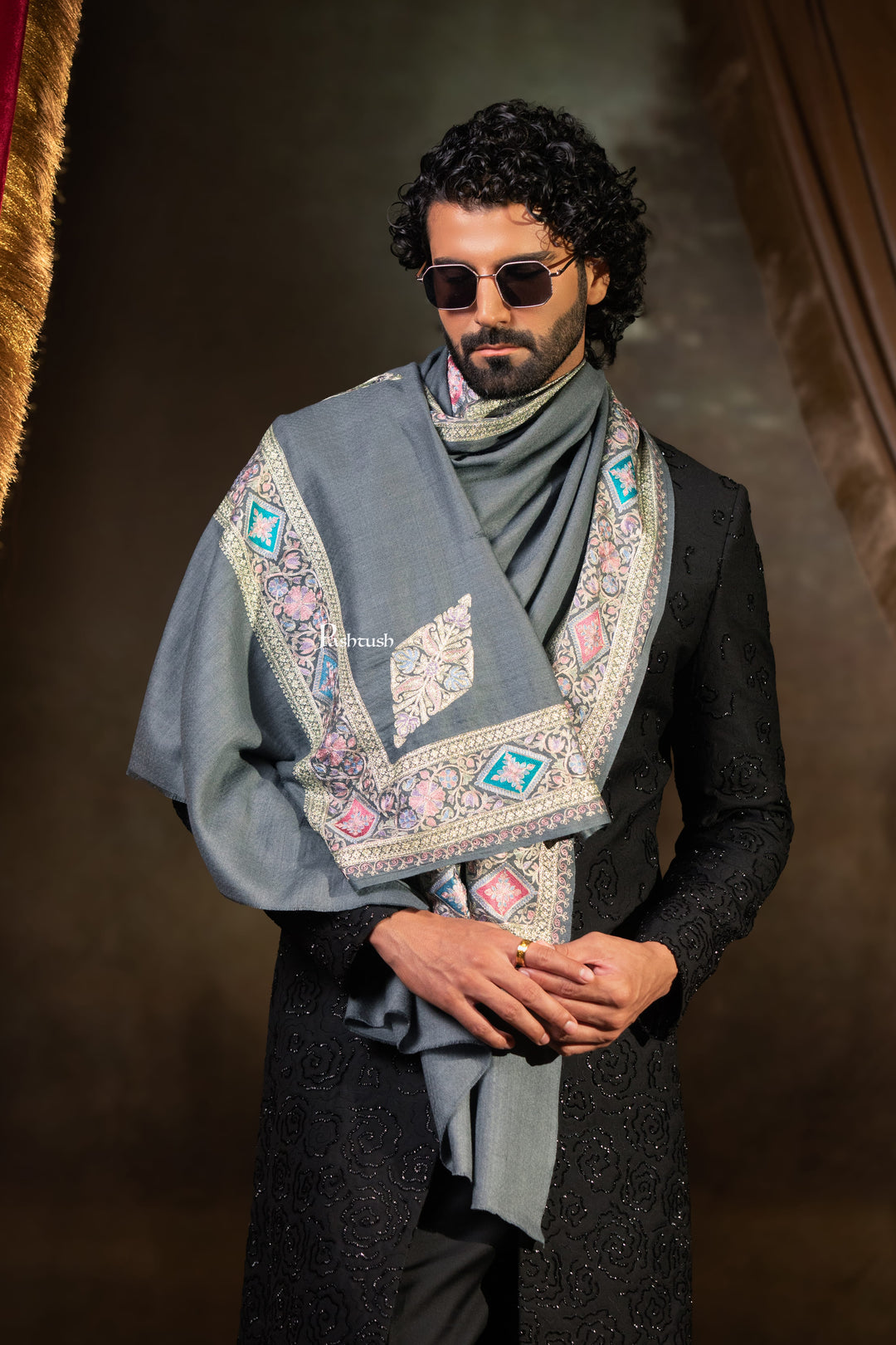 Pashtush Mens Extra Fine Wool Stole, Border Tilla Work, Grey