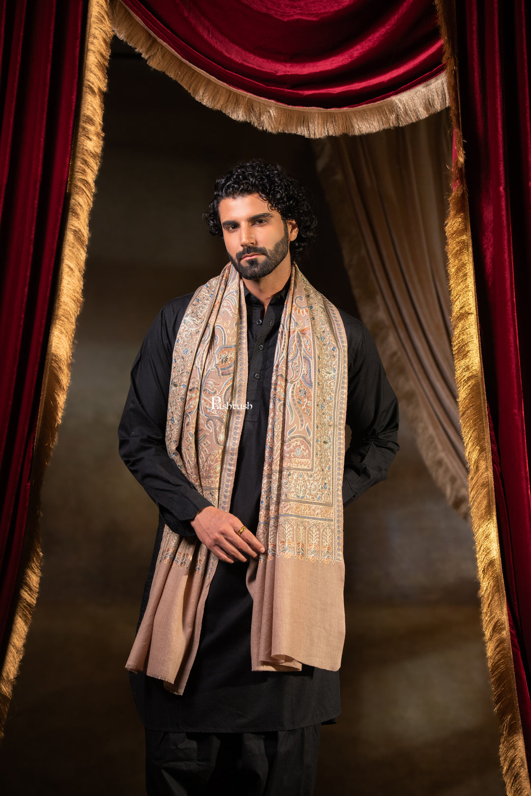 Pashtush Mens Extra Fine Wool Stole, Silk Wool Fine Embroidery, Taupe
