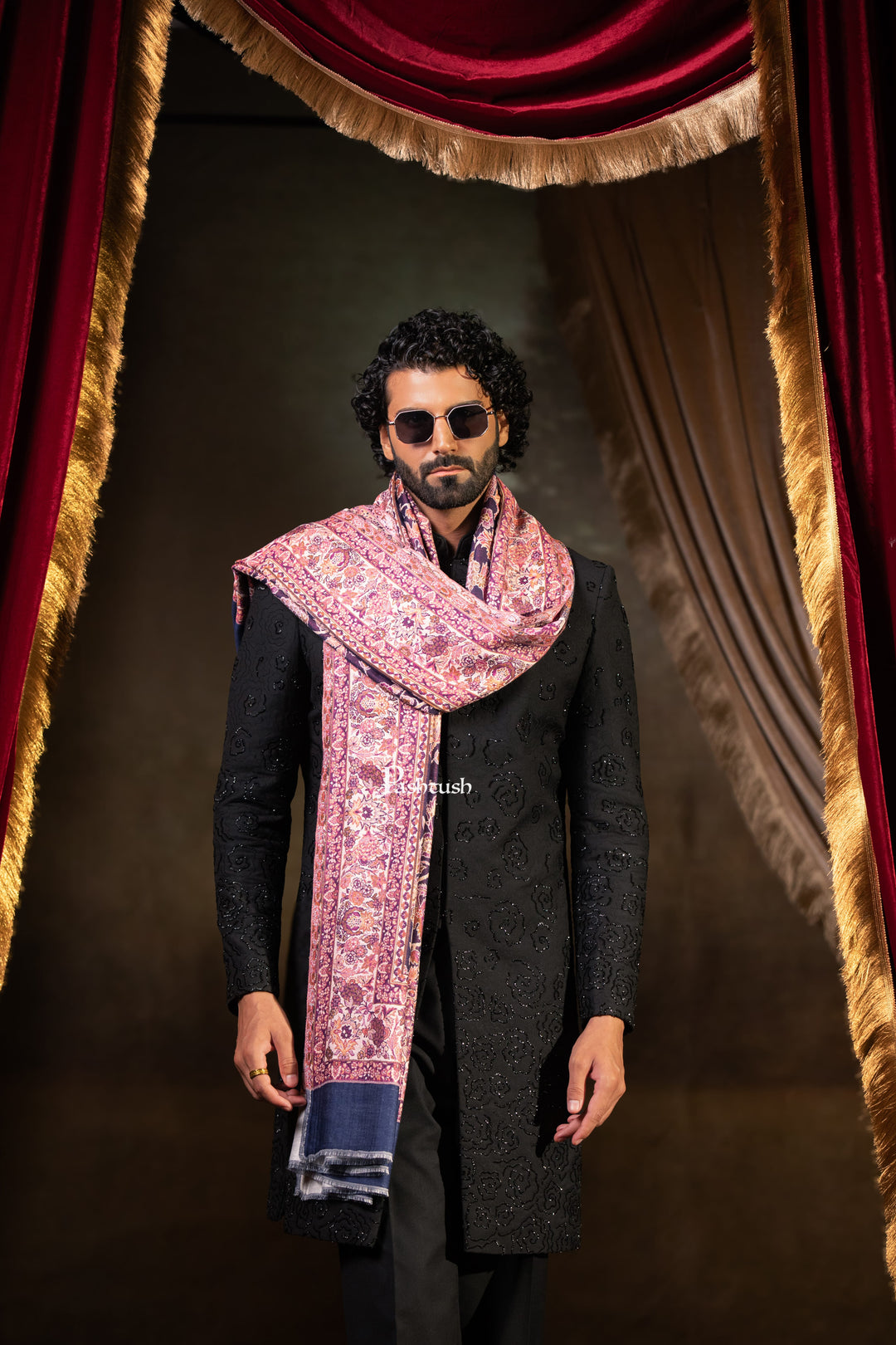 Pashtush Mens Faux Pashmina Stole, Floral Design, Navy Blue