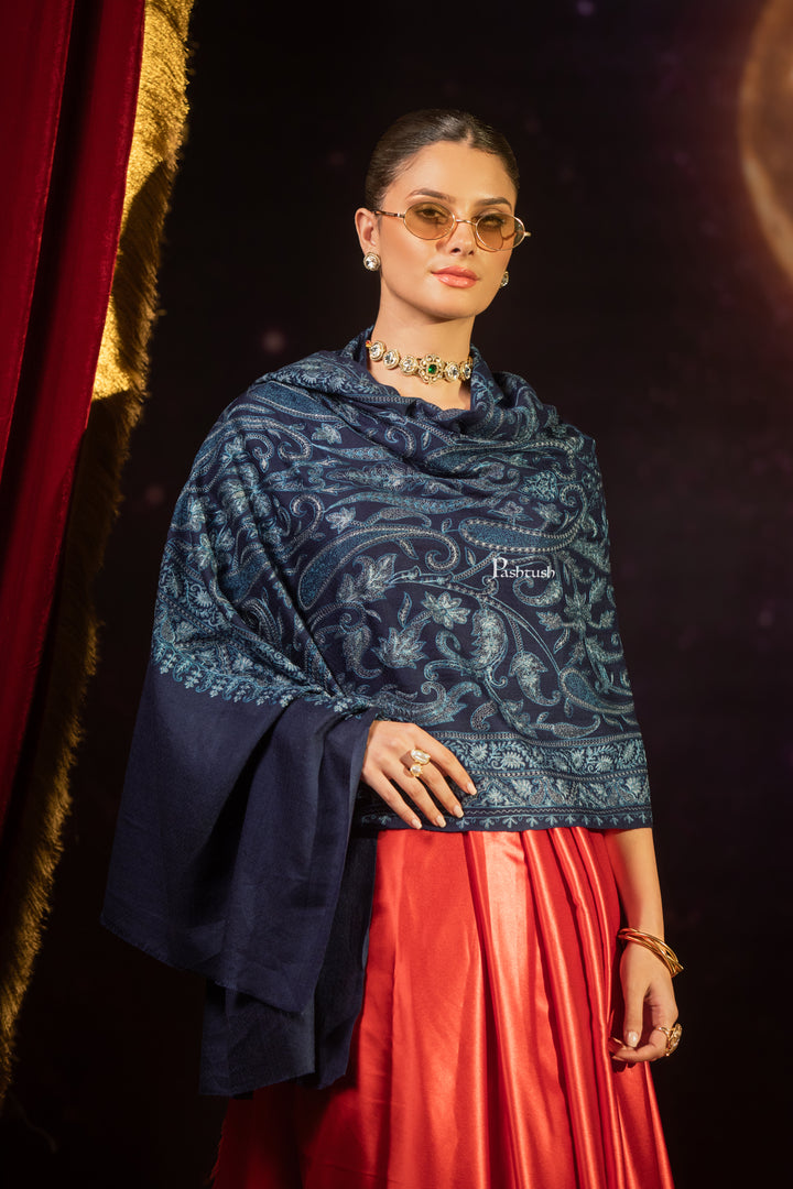 Pashtush Womens Extra Fine Wool Stole, Paisley Design, Navy Blue