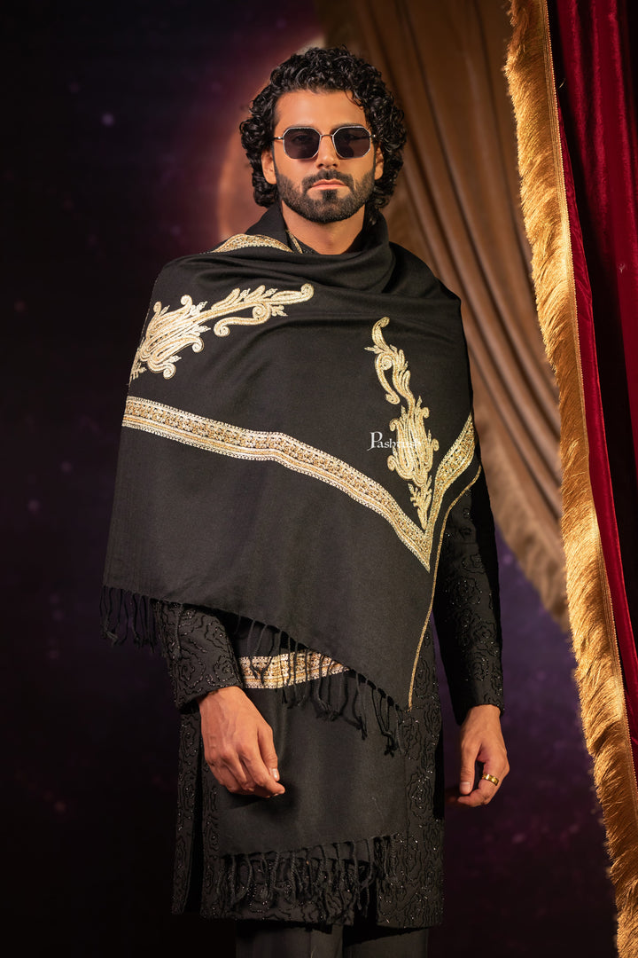 Pashtush Mens Extra Fine Wool Stole, Paisley Design, Black