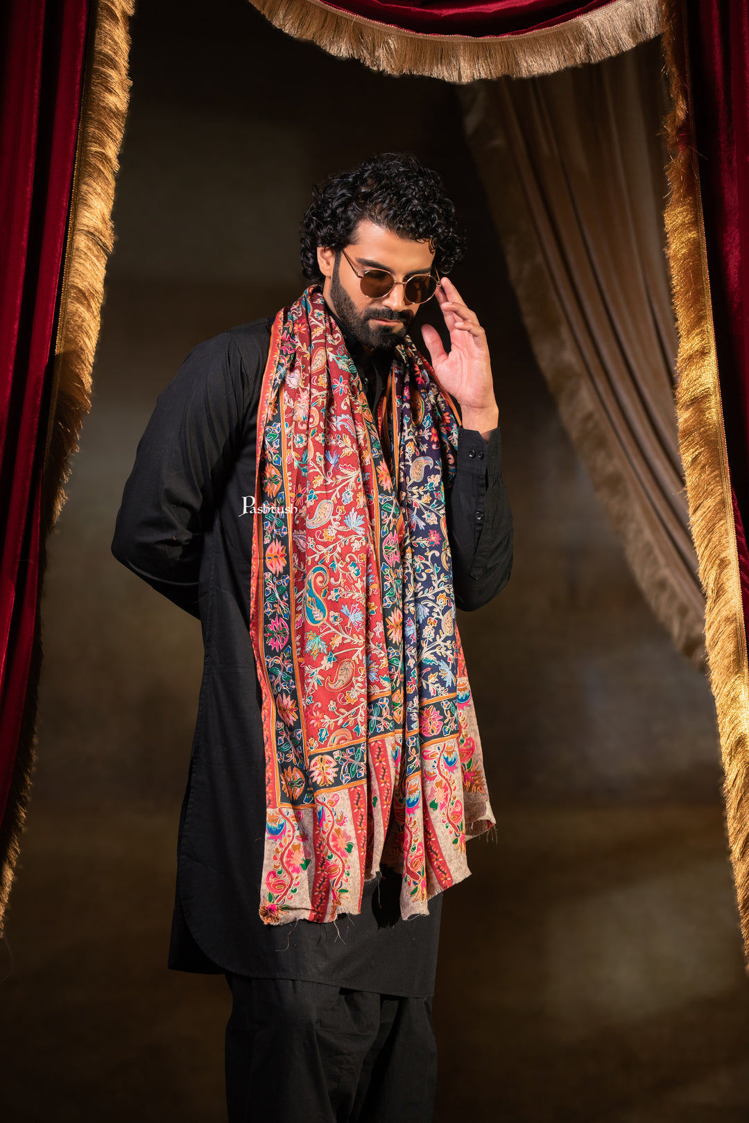 Pashtush Mens Extra Fine Wool Stole, Paisley Embroidery Design, Multicolour