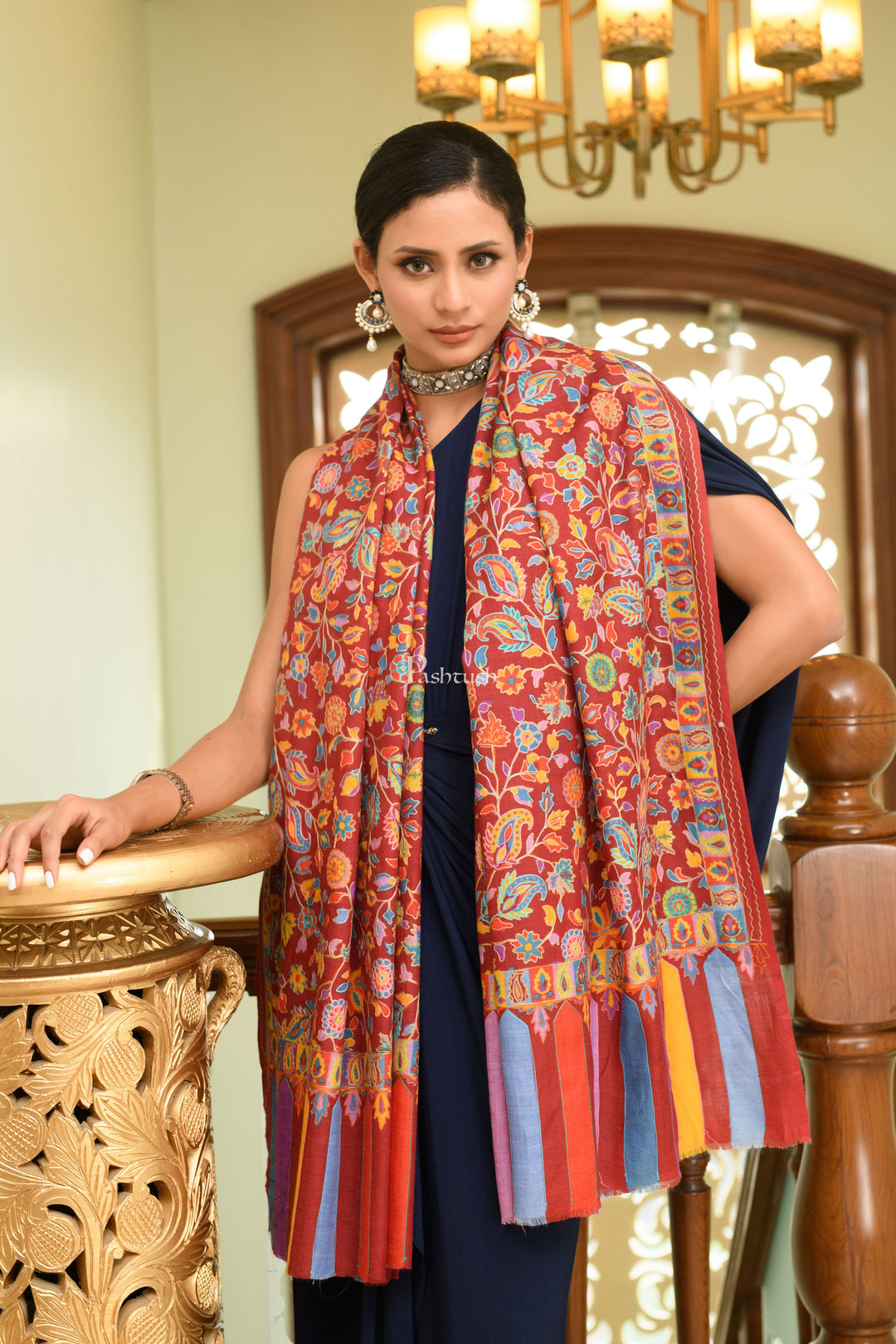 Pashtush His and Her Gift Set of Extra Fine Wool Shawls, Beige and Multicolour, Packaged in Keepsake Wooden Chester Gift Box