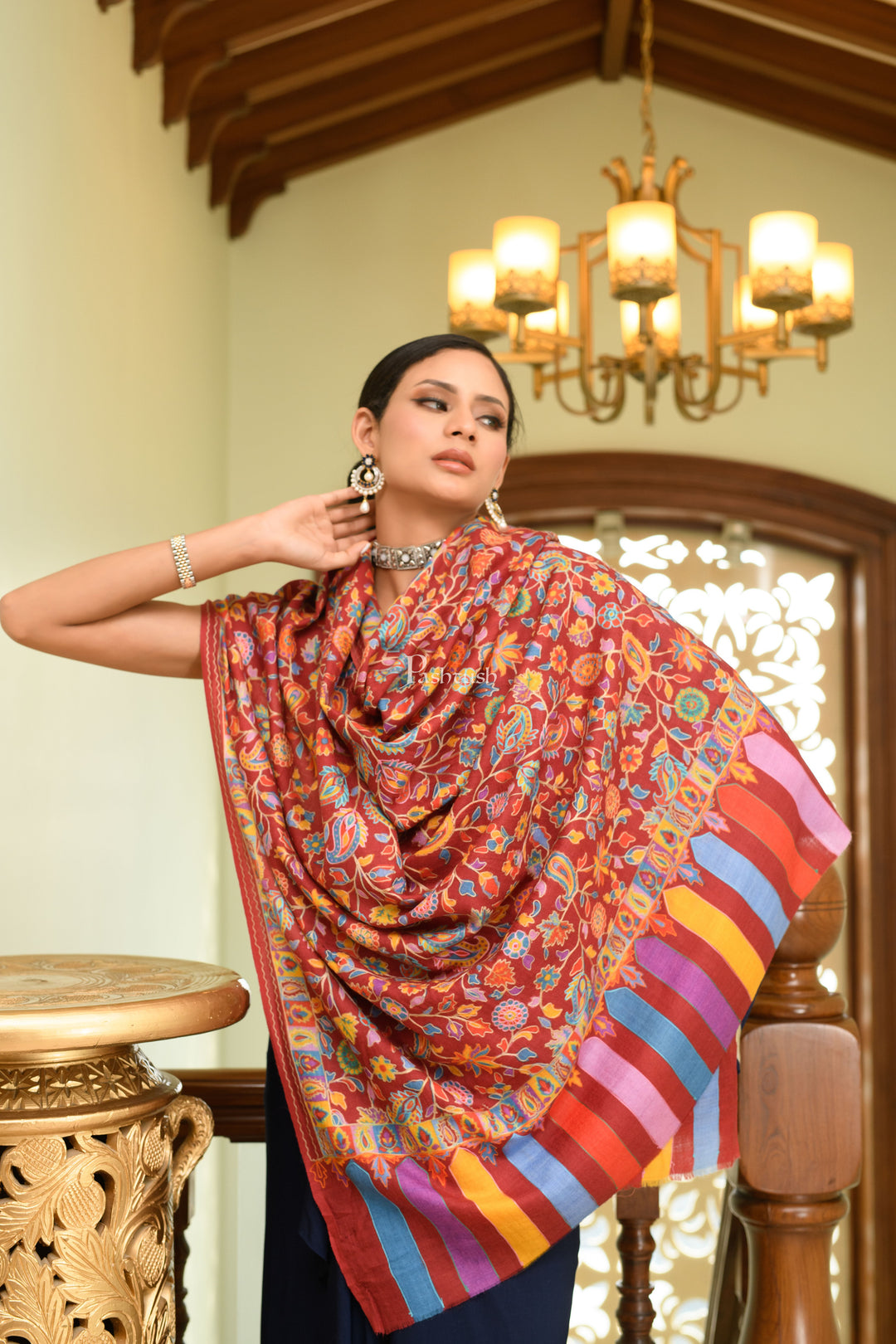 Pashtush His and Her Gift Set of Extra Fine Wool Shawls, Beige and Multicolour, Packaged in Keepsake Wooden Chester Gift Box