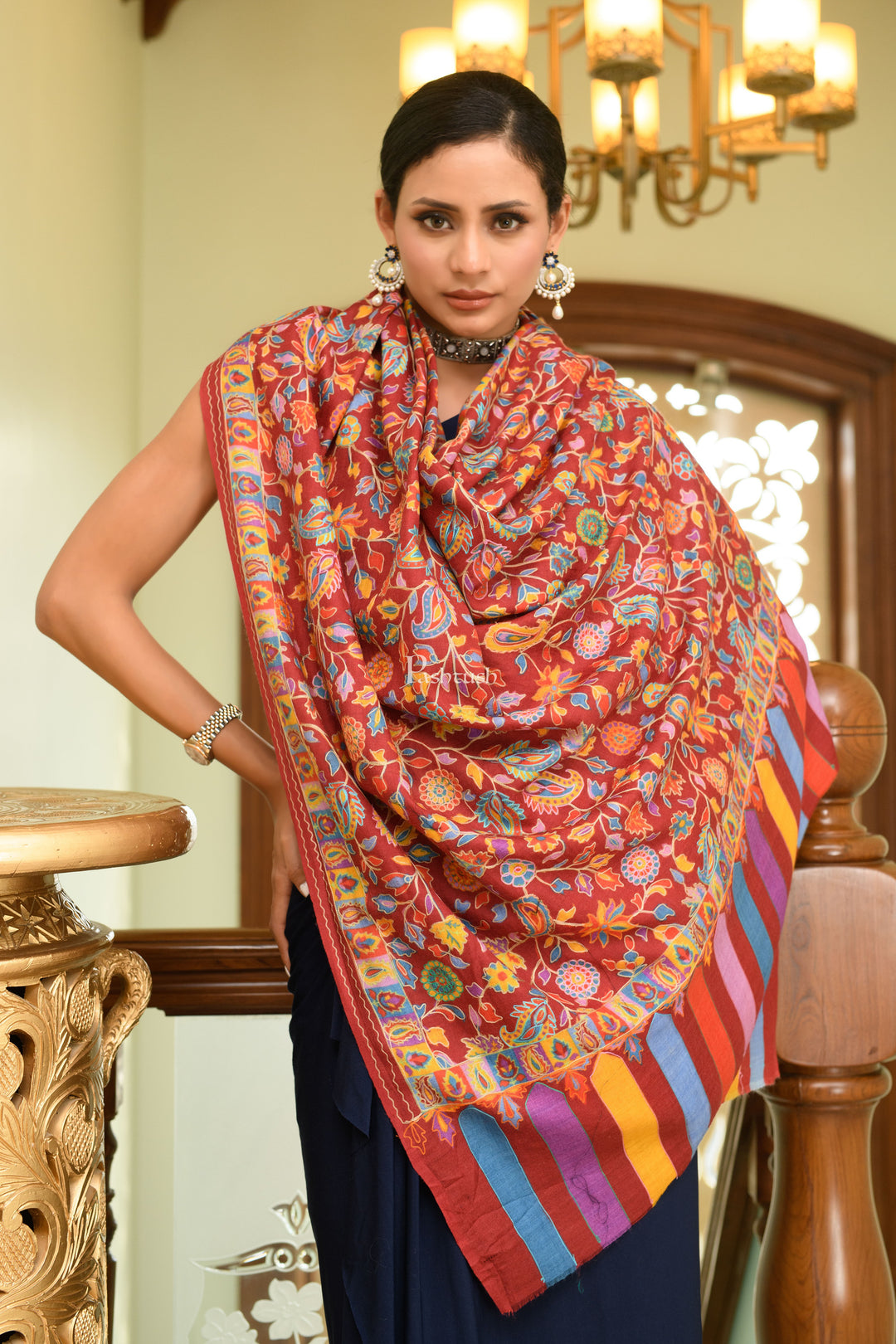 Pashtush His and Her Gift Set of Extra Fine Wool Shawls, Beige and Multicolour, Packaged in Keepsake Wooden Chester Gift Box