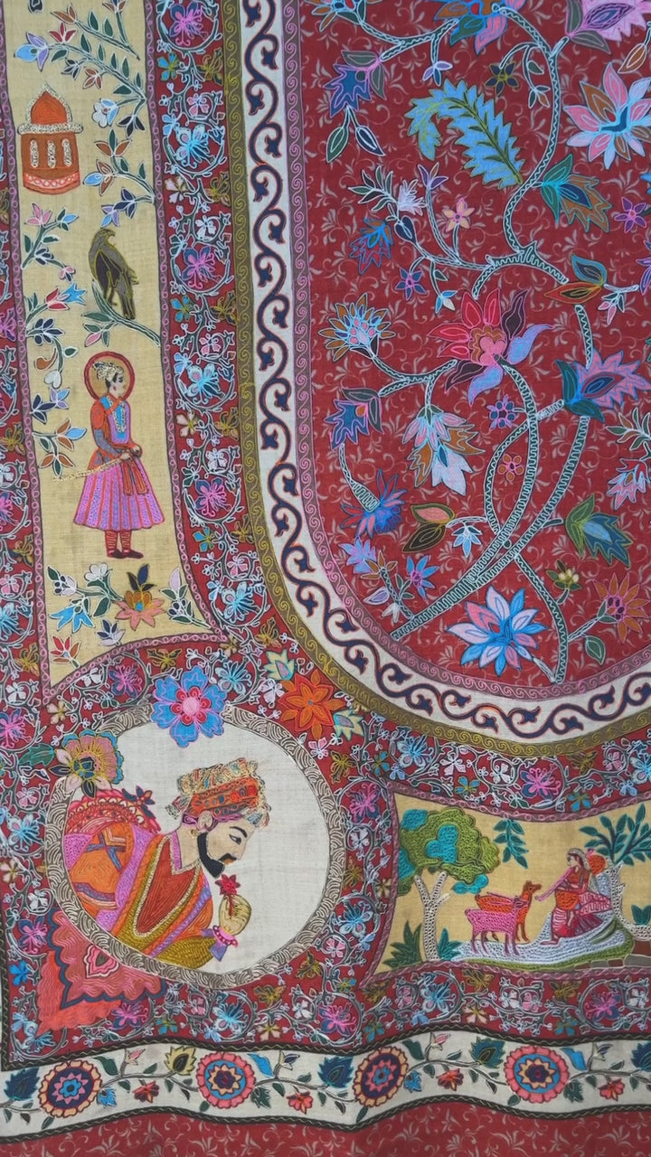 Pashtush Womens Kalamkari Shawl, Love story, Jashn-e-Ishq Design Hand Embroidered Tilla Work