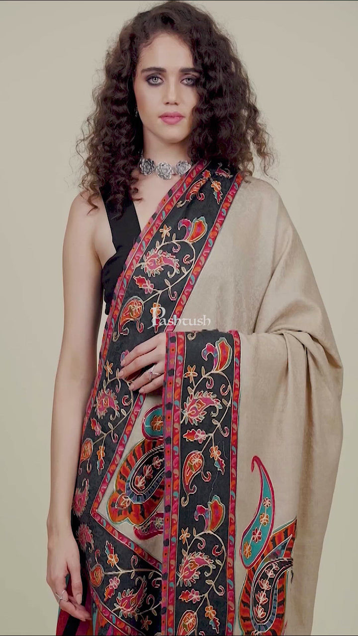 Pashtush Womens Kalamkari Embroidery Shawl, Fine Wool Shawls, Medium