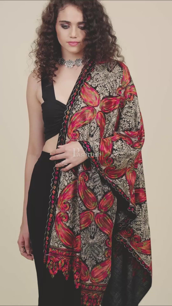 Pashtush Women'S Silk Wool Embroidery Stole, Extra Soft Black