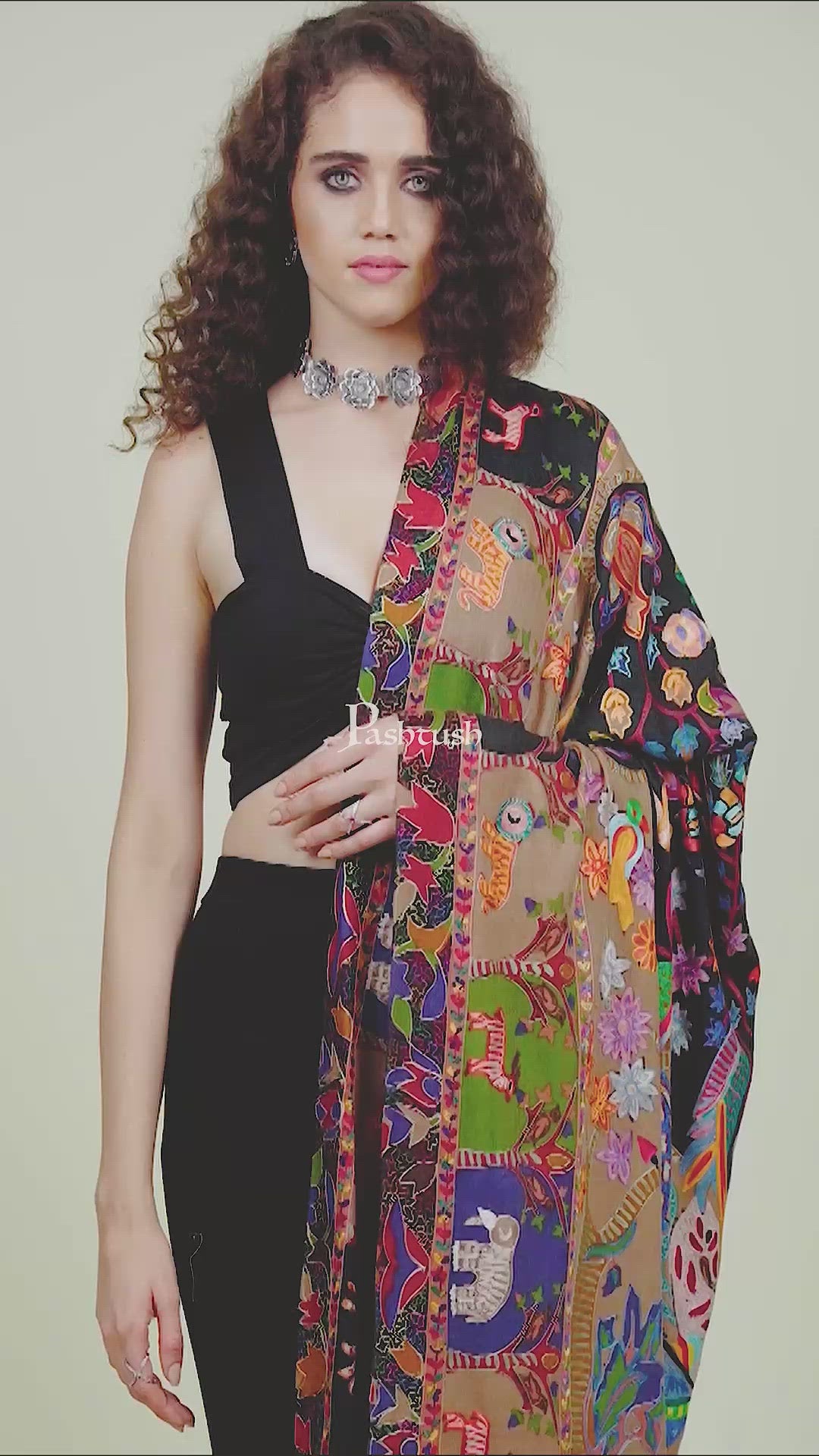 Pashtush Womens Shikaar-Dar Hand Embroidered, Shawl In Fine Wool