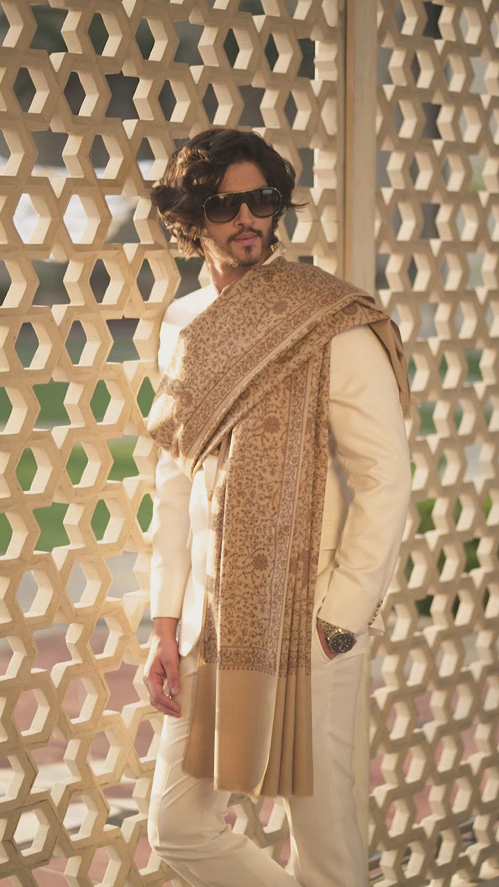 Pashtush Mens Pure Wool, Embroidery Shawl, Tone on Tone, Woolmark certified, Beige
