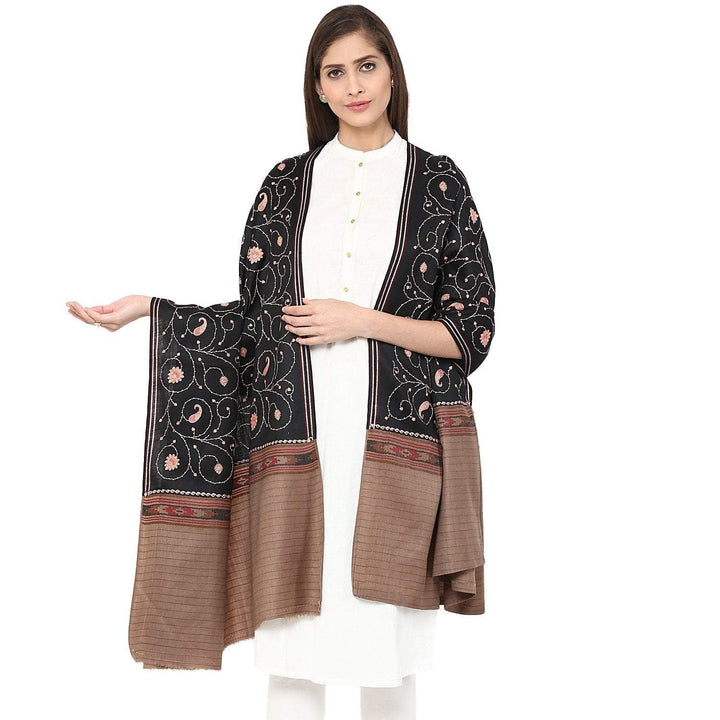 Pashtush India shawls Pashtush Women's Full Jaal Embroidery black with coffee palla ( Black)