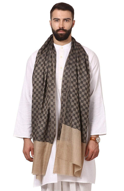 Pashtush India 70x200 Mens Pashmina Stole, Checkered Design, Extra-soft Cashmere Feel, Black