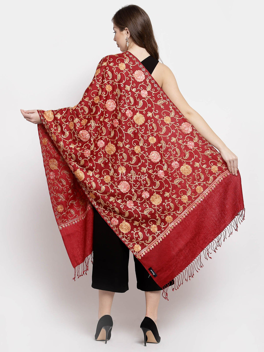Pashtush India Womens Shawls Pashtush Aari Embroidery Stole, Fine Wool, Maroon