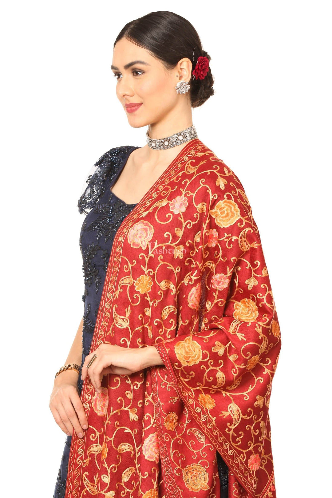 Pashtush India Womens Shawls Pashtush Aari Embroidery Stole, Fine Wool, Maroon