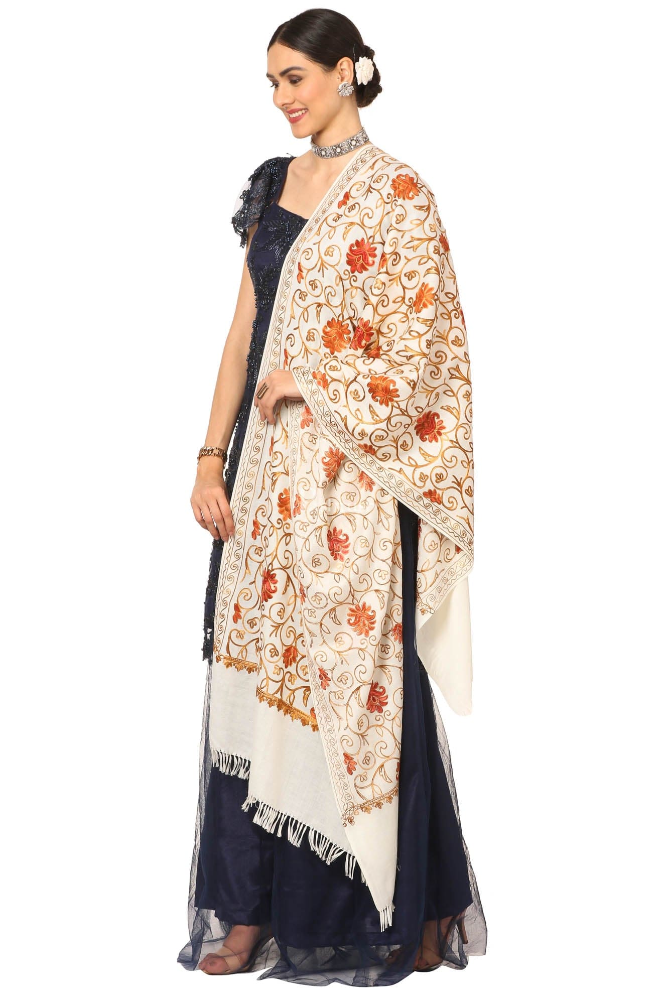 Pashtush India Womens Stoles and Scarves Scarf Pashtush Aari Embroidery Stole, Fine Wool, White