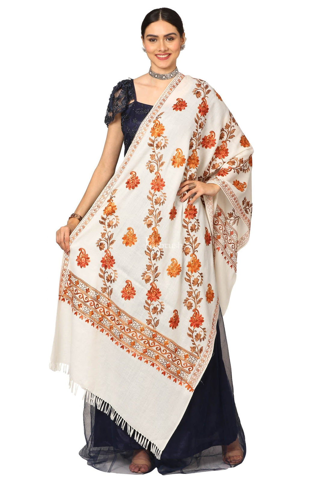 Pashtush India Womens Stoles and Scarves Scarf Pashtush Aari Embroidery Stole, Fine Wool, White