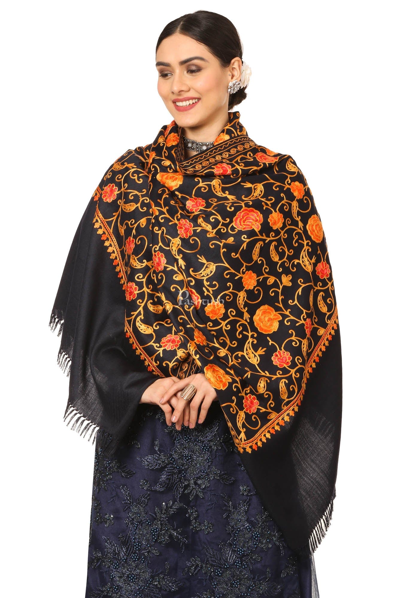 Pashtush India Womens Stoles and Scarves Scarf Pashtush Aari Embroidery, Woollen Stole