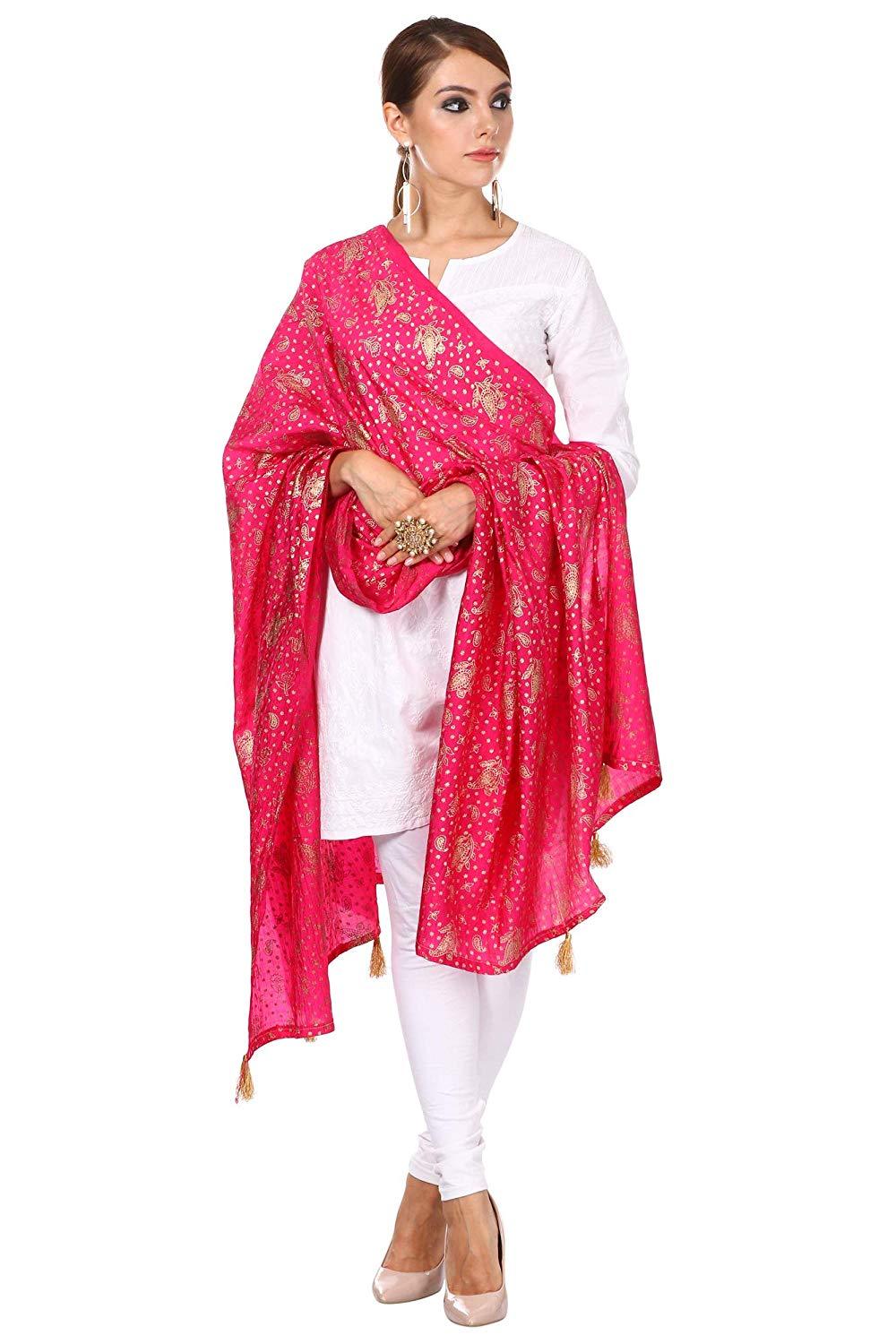 Pashtush Art Silk Dupatta For Women, With Golden Coloured Foil Printing, Light Weight And Bright, Hot Pink