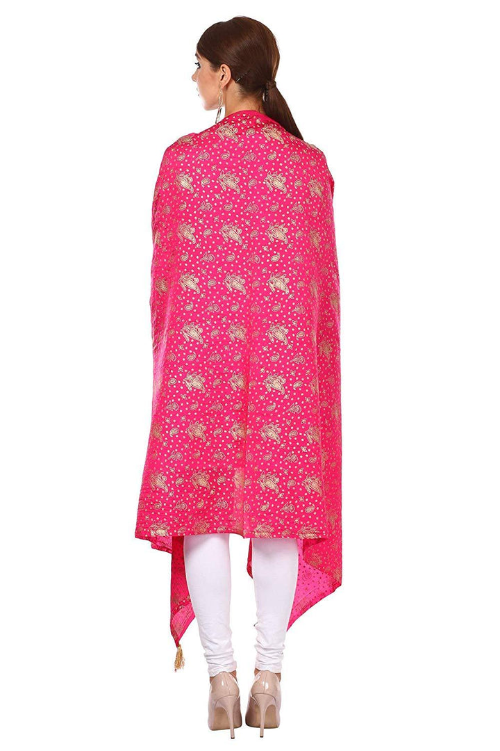 Pashtush Art Silk Dupatta For Women, With Golden Coloured Foil Printing, Light Weight And Bright, Hot Pink