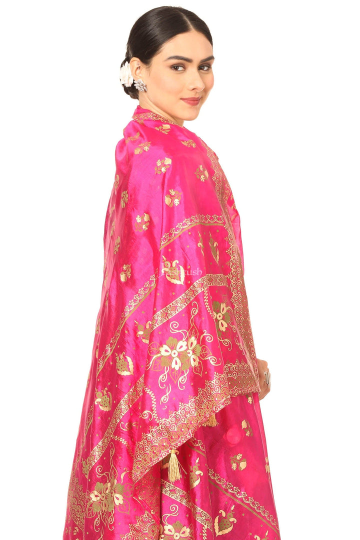 Pashtush India Womens Dupatta Pashtush Art Silk Dupatta For Women, With Golden Coloured Foil Printing, Light Weight And Bright, Pink