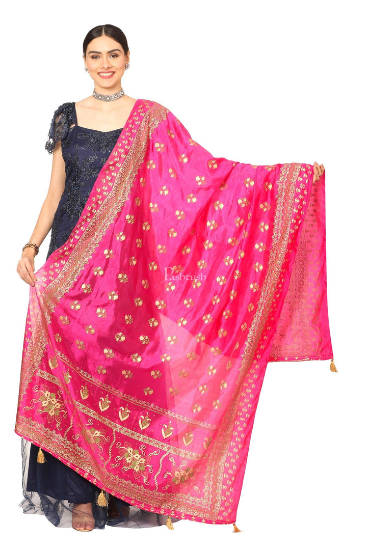 Pashtush India Womens Dupatta Pashtush Art Silk Dupatta For Women, With Golden Coloured Foil Printing, Light Weight And Bright, Pink