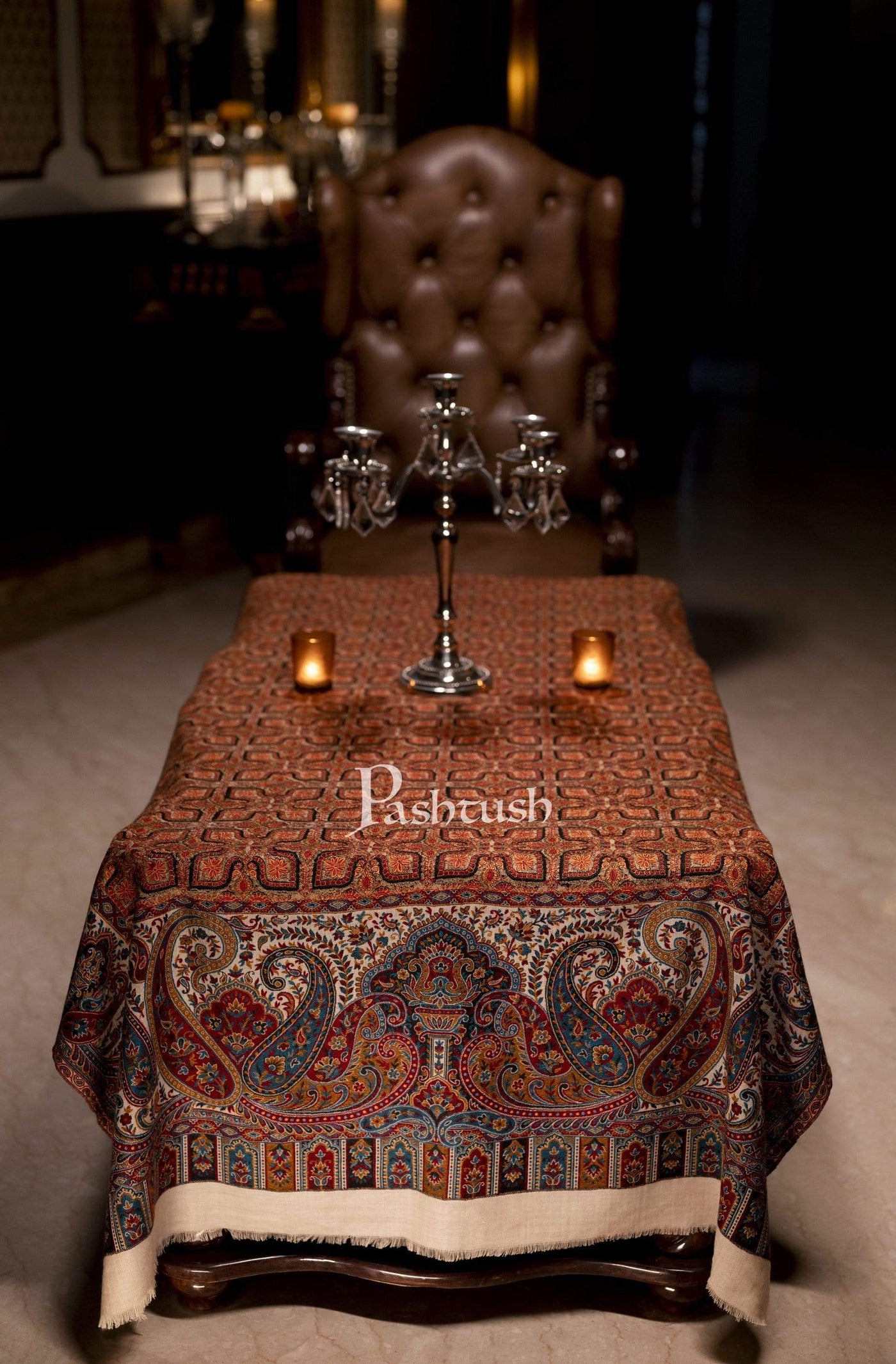 Pashtush India 100x200 Pashtush Embroidered Table Runner, 100% Pure Wool (Woolmark Certified)