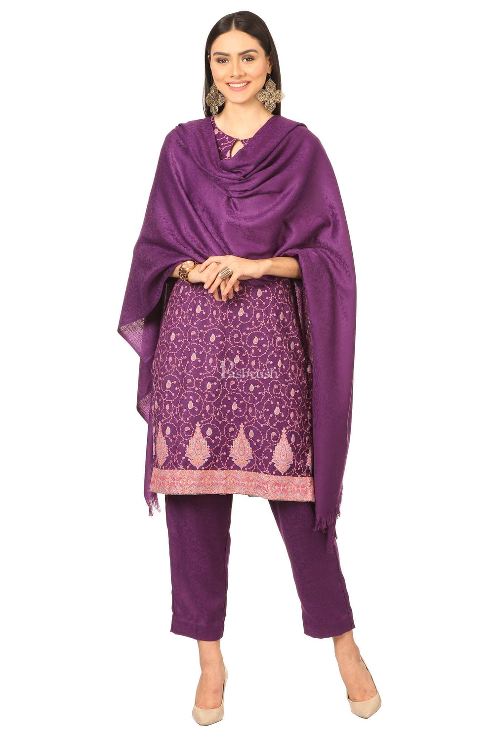 Pashtush India Womens Stoles and Scarves Scarf Pashtush Embroidery Suit, Fine Wool (Unstitched) -  Purple