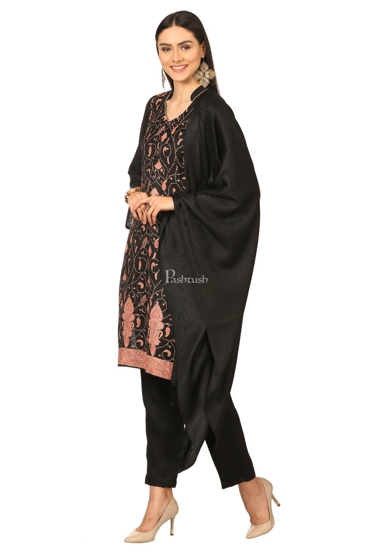 Pashtush India Womens Stoles and Scarves Scarf Pashtush Embroidery Suit, Fine Wool (Unstitched) - Rich Black