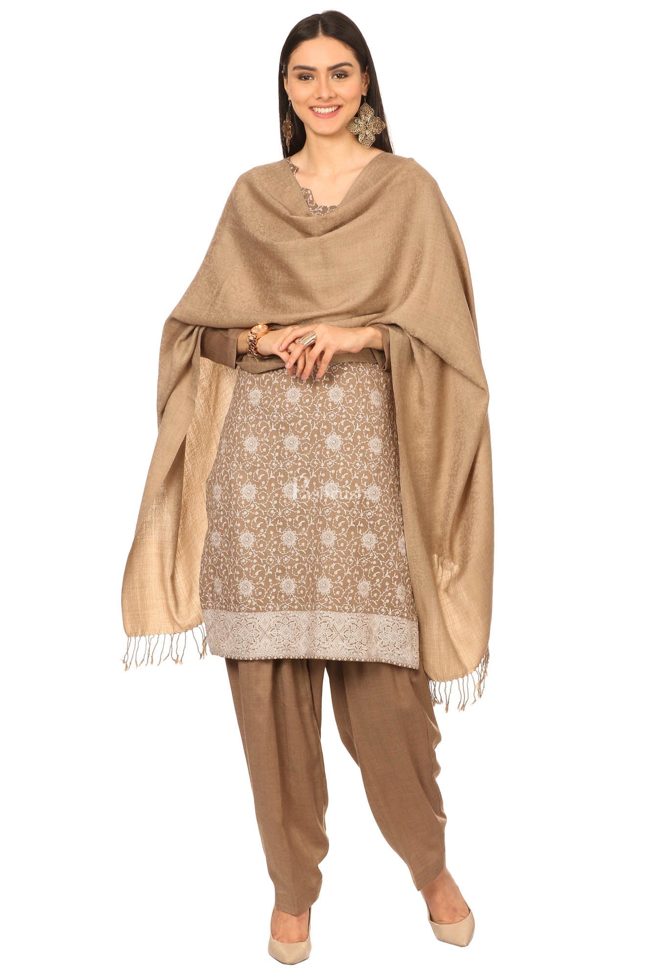 Pashtush India Womens Stoles and Scarves Scarf Pashtush Embroidery Suit, Fine Wool (Unstitched) -  Tonal Beige