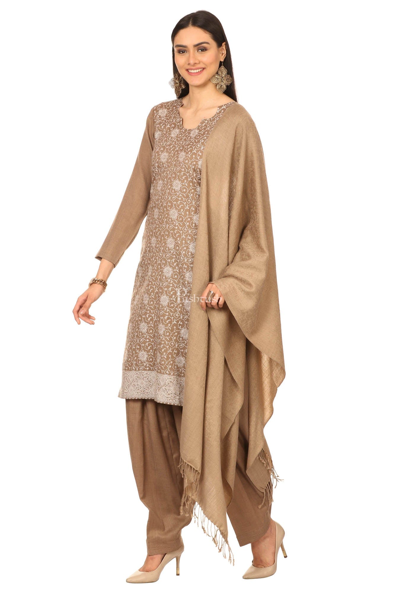 Pashtush India Womens Stoles and Scarves Scarf Pashtush Embroidery Suit, Fine Wool (Unstitched) -  Tonal Beige