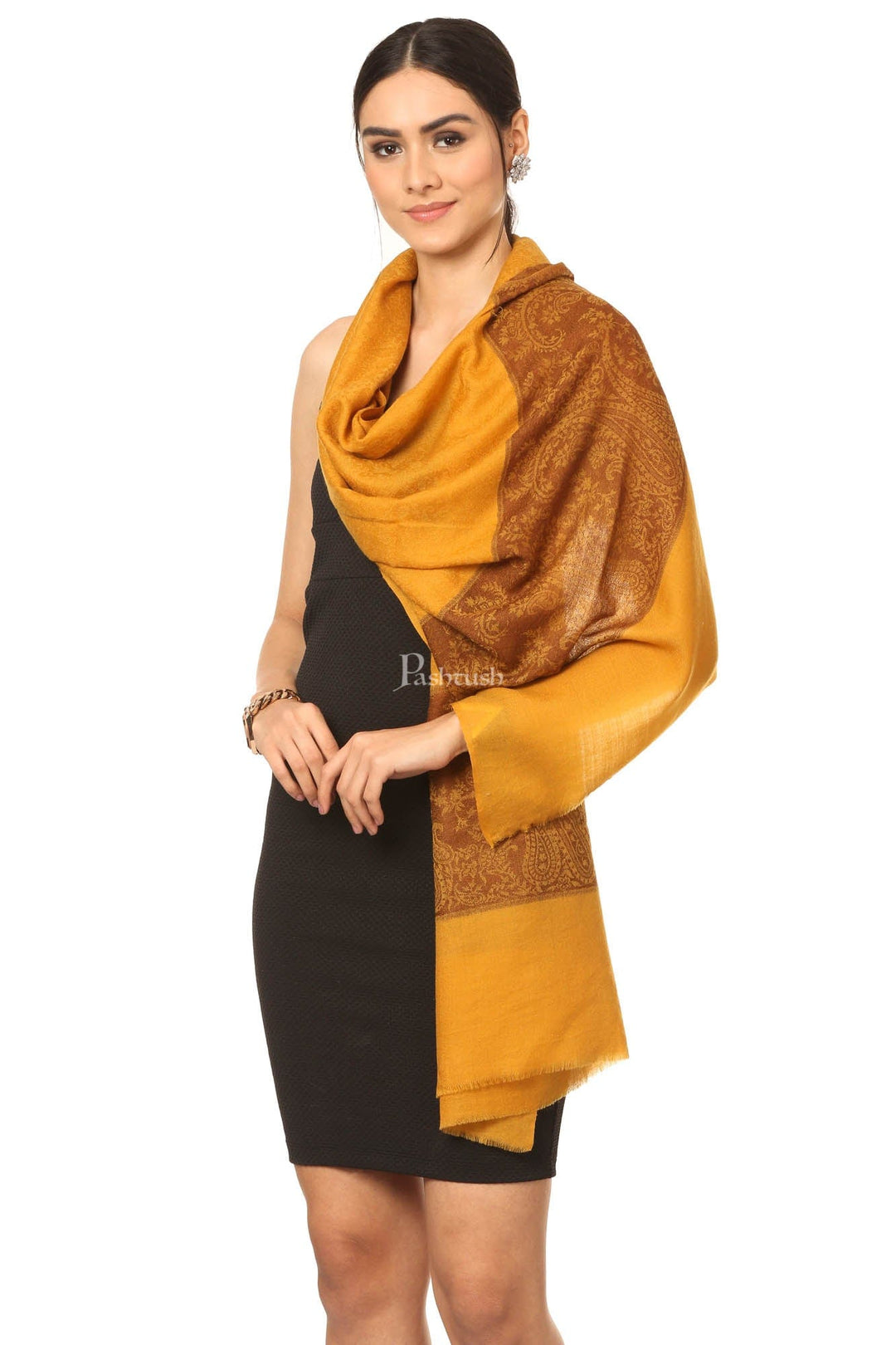 Pashtush Fine Wool Luxury Paisley Design Scarf, Stole, Weaving Design Mustard