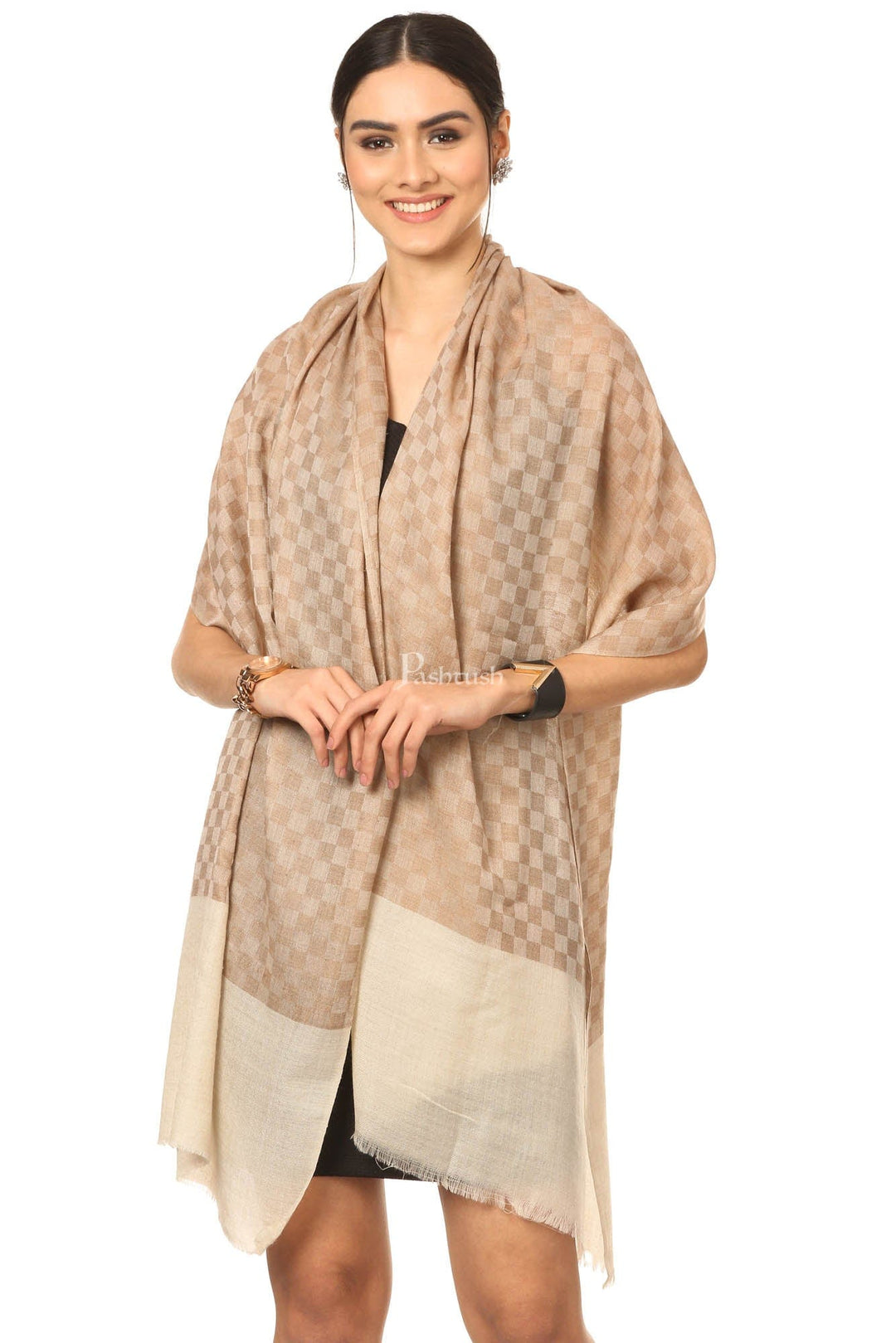 Pashtush India Womens Stoles and Scarves Scarf Pashtush Fine Wool Luxury Striped Design Scarf, Stole, Weaving Design - Beige