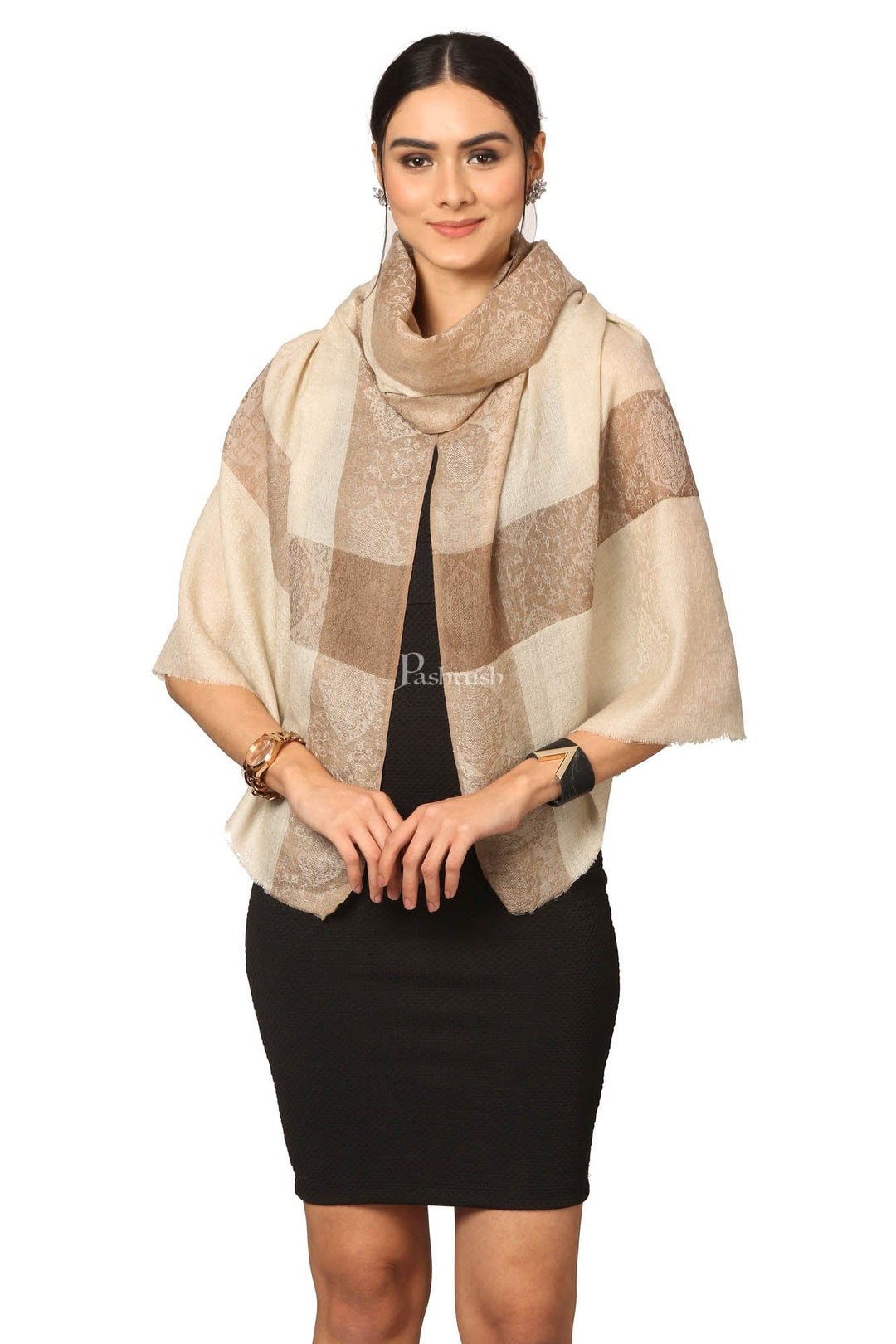 Pashtush India Womens Stoles and Scarves Scarf Pashtush Fine Wool Luxury Striped Design Scarf, Stole, Weaving Design - Beige