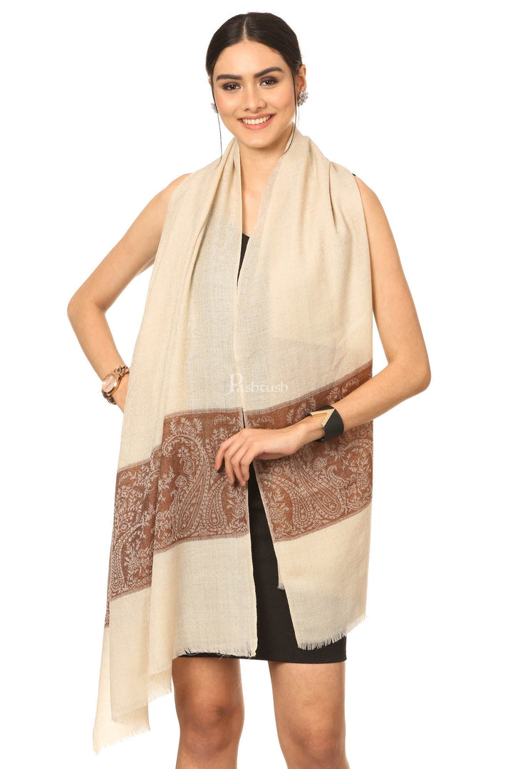 Pashtush India Womens Stoles and Scarves Scarf Pashtush Fine Wool Luxury Striped Design Scarf, Stole, Weaving Design - Coffee